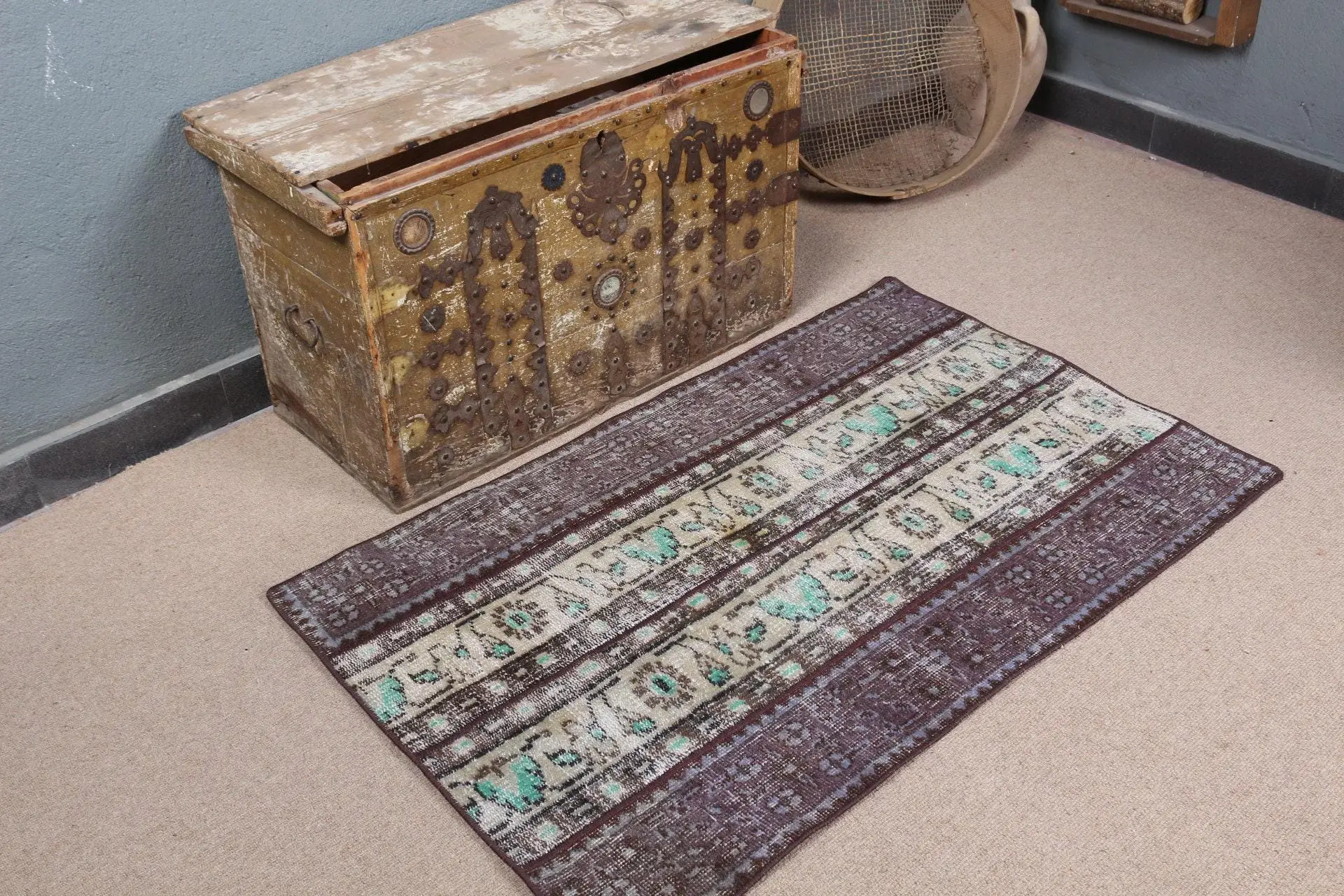 2,6x4,1 ft türkischer Vintage-Teppich, kleiner Teppich, brauner Ikat-Teppich - 1