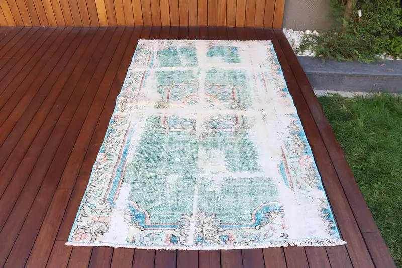 4x6.8 ft Vintage Halı, Alan Türk Halısı, Mavi Çiçekli Halı - 1