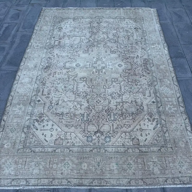 Turkish Vintage Rug, Large 6.3x9 ft (193x275 cm) Rug, Gray Abstract Wool Rug - 1