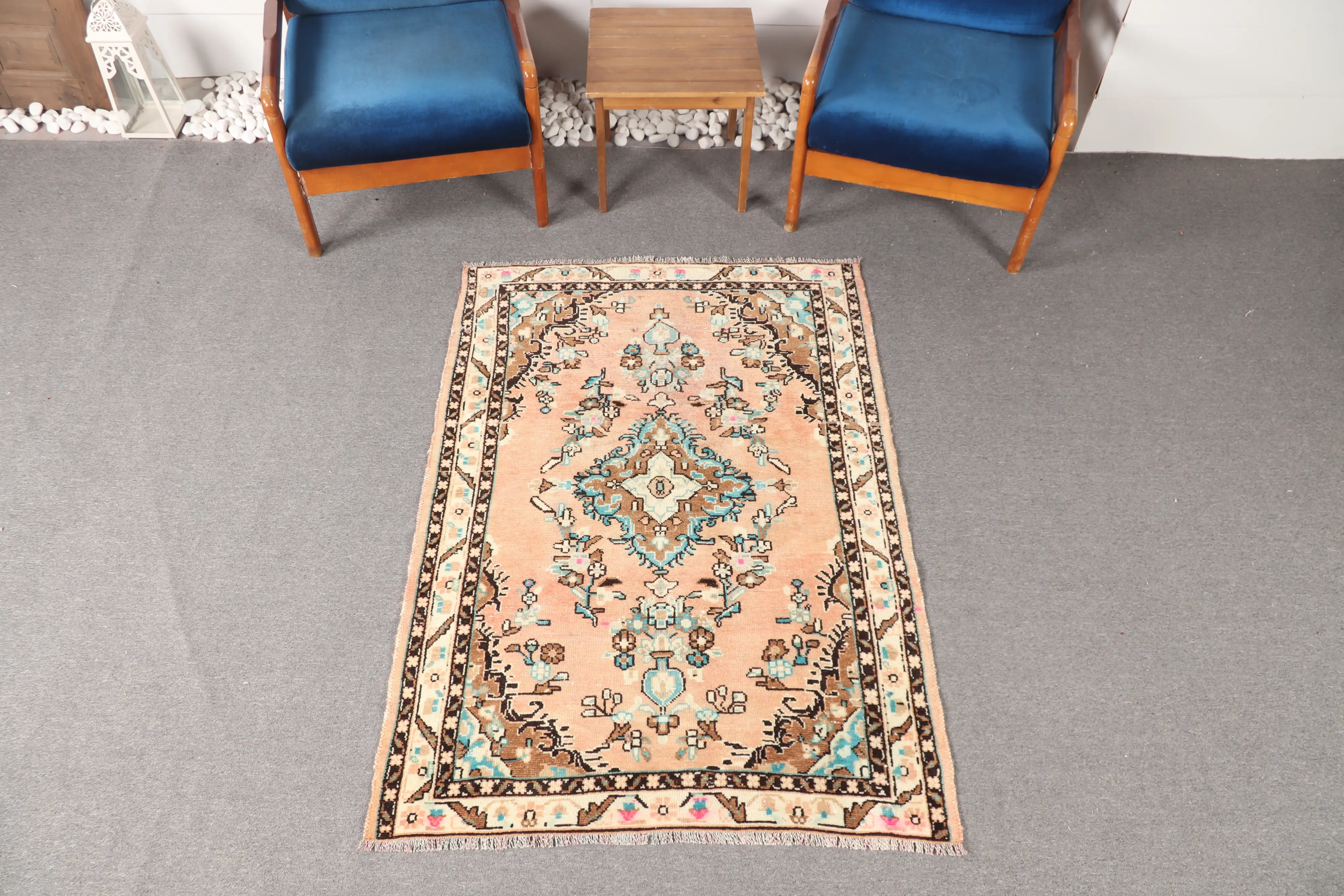 Vintage 3.5x5.1 ft Küçük Halı, Türk Halısı, Oushak Kahverengi Çiçekli Halı - 1
