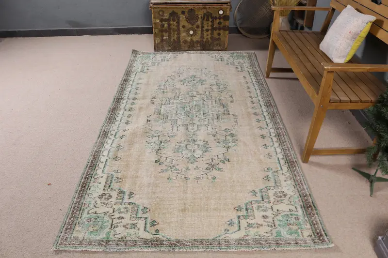 Elegant Beige & Green Moroccan Rug, 4.3x8.1 ft
