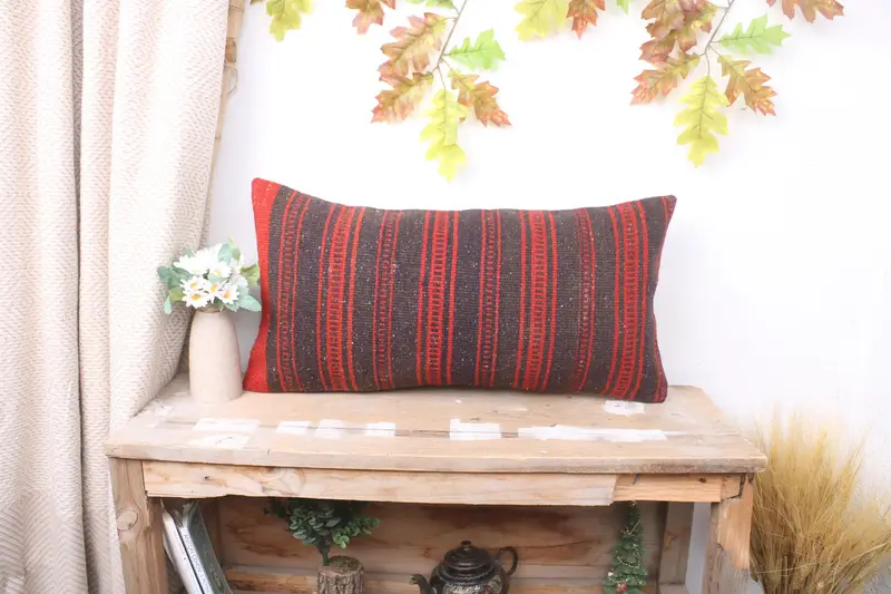 12x24 Red Pillow Cover, Turkish Kilim Pillow, Ethnical Kilim Rug Pillow, Handmade Kilim Cushion, Pillow Cover, Meditation Pillow Sham - 1