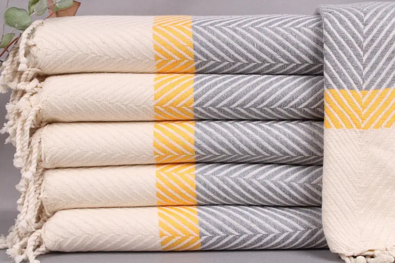 Turkish Beach Towel Yellow-Gray Striped, Organic Cotton, 38x83 Inches