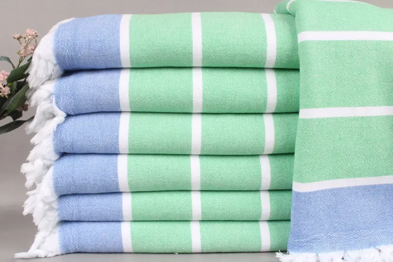 Turkish Towel Beach Custom Beach Towel Green-Sax Blue Terry Striped, 67x40 Inches