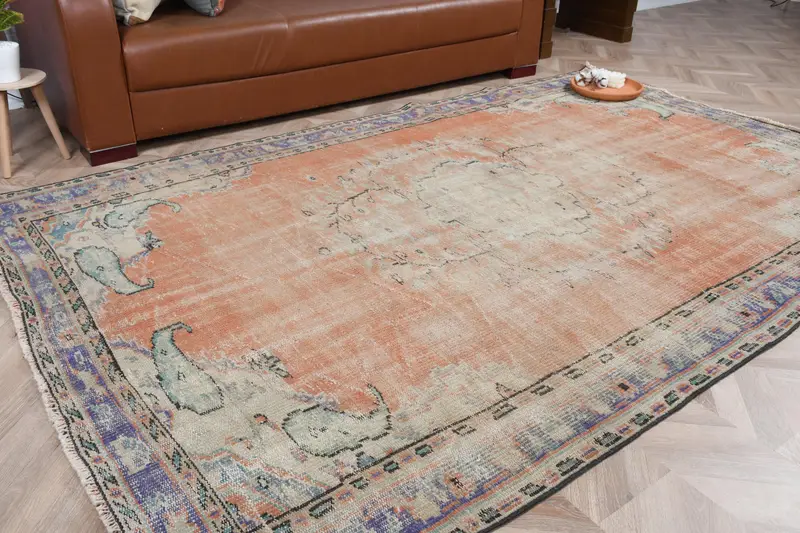 Vintage Rug, 5.5x8.6 ft Large Rug, Orange Blue Oushak Wool Rug - 1