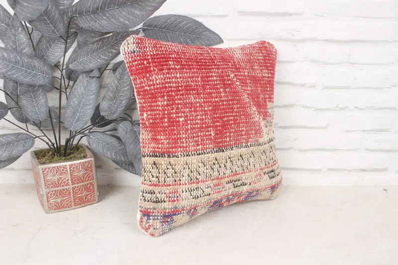 14x14 Red Pillow Cover, Ethnical Kilim Rug Pillow, Boho Pillow, Pillow Cover, Bolster Throw Cushion, Ikat Cushion Cover, Turkish Kilim Pillow - 3