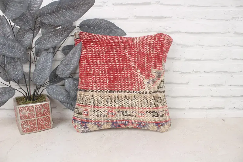 14x14 Red Pillow Cover, Ethnical Kilim Rug Pillow, Boho Pillow, Pillow Cover, Bolster Throw Cushion, Ikat Cushion Cover, Turkish Kilim Pillow - 1