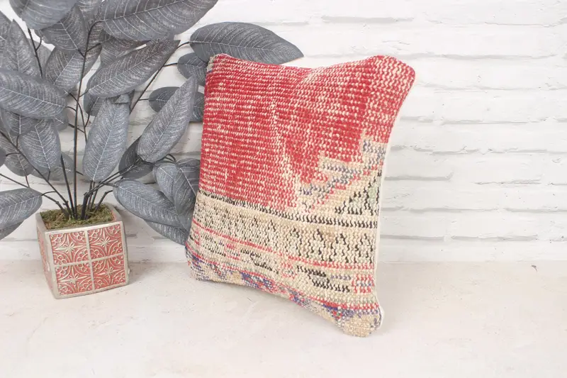 14x14 Red Pillow Cover, Ethnical Kilim Rug Pillow, Boho Pillow, Pillow Cover, Bolster Throw Cushion, Ikat Cushion Cover, Turkish Kilim Pillow - 4