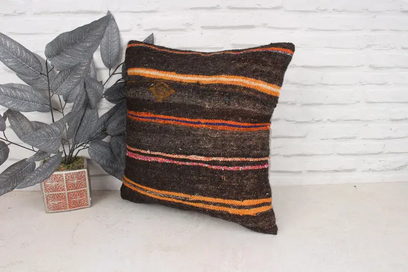 Ethnical Kilim Rug Pillow, 18x18 Brown Pillow Cover, Vintage Cushion Case, Kilim Pillow, Turkish Pillow, Pillow Cover - 4