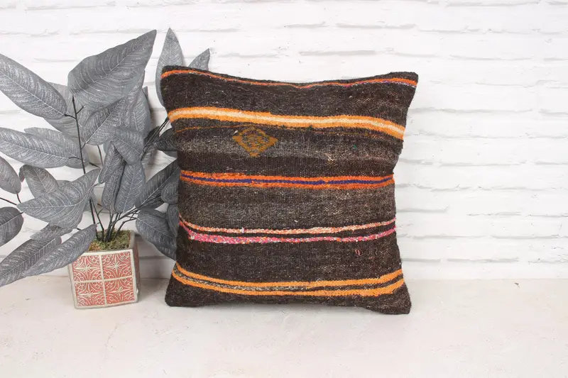 Ethnical Kilim Rug Pillow, 18x18 Brown Pillow Cover, Vintage Cushion Case, Kilim Pillow, Turkish Pillow, Pillow Cover - 1
