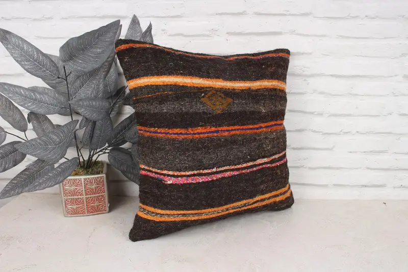 Ethnical Kilim Rug Pillow, 18x18 Brown Pillow Cover, Vintage Cushion Case, Kilim Pillow, Turkish Pillow, Pillow Cover - 3