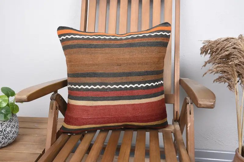 Designer Throw Cushion Case, Throw Kilim Pillow, Gift Pillow, 18x18 Brown Pillow, Cushion, Ethnical Kilim Rug Pillow, Aesthetic Cushion - 1