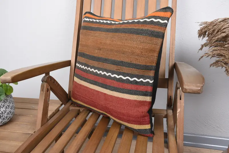 Designer Throw Cushion Case, Throw Kilim Pillow, Gift Pillow, 18x18 Brown Pillow, Cushion, Ethnical Kilim Rug Pillow, Aesthetic Cushion - 3
