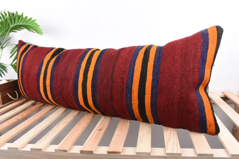 Vintage Pillow, Cushion, Armchair Pillow Case, Knitted Cushion Case, Turkish Kilim Pillow, Gift Pillow, 16x48 Orange Cushion - 5