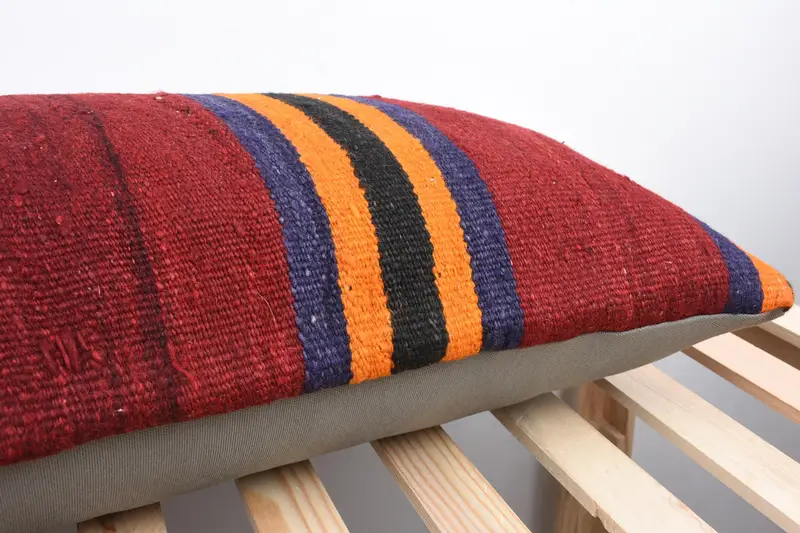 Vintage Pillow, Cushion, Armchair Pillow Case, Knitted Cushion Case, Turkish Kilim Pillow, Gift Pillow, 16x48 Orange Cushion - 7
