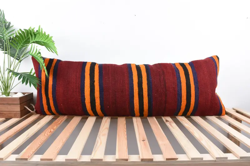 Vintage Pillow, Cushion, Armchair Pillow Case, Knitted Cushion Case, Turkish Kilim Pillow, Gift Pillow, 16x48 Orange Cushion - 1