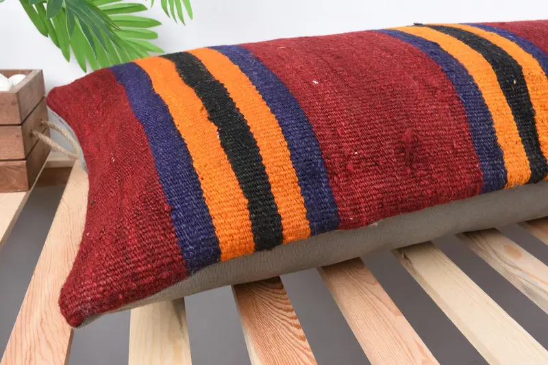 Vintage Pillow, Cushion, Armchair Pillow Case, Knitted Cushion Case, Turkish Kilim Pillow, Gift Pillow, 16x48 Orange Cushion - 6