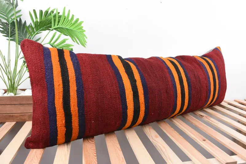 Vintage Pillow, Cushion, Armchair Pillow Case, Knitted Cushion Case, Turkish Kilim Pillow, Gift Pillow, 16x48 Orange Cushion - 4