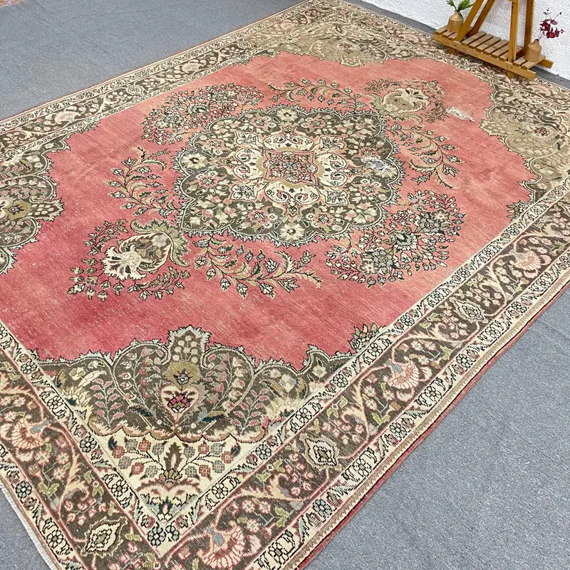 Turkish Vintage Rug, Oversize 9.2x12.2 ft (280x373 cm) Rug, Red Floral Wool Rug - 1