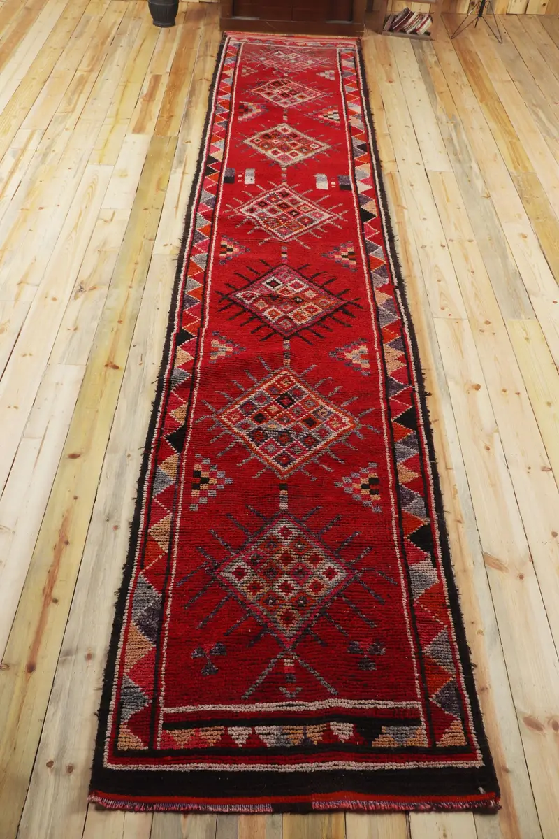 Alfombra vintage, alfombra turca Runner 3x16,4 pies, alfombra de lana patchwork roja - 1