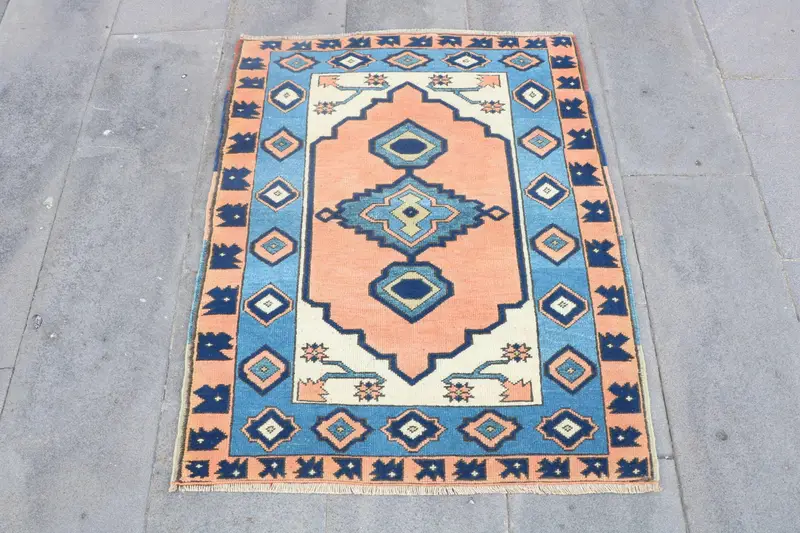 2.8x3.4 ft Rug, Vintage Oushak Rug, Turkish Blue Wool Animal Print Rug - 1