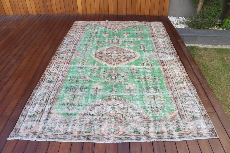 Vintage Turkish Rug, Large 5.7x8.5 ft (174x259 cm) Rug, Green Patchwork Wool Rug - 1