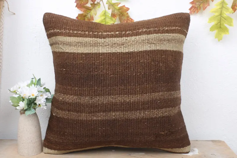 18x18 Brown Pillow Sham, Pillow Sham, Sustainable Cushion, Home Decor Pillow, Patio Cushion Case, Handmade Kilim Cushion, Vintage Kilim Throw Pillow - 2