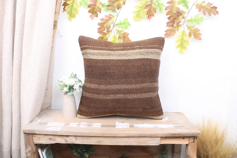 18x18 Brown Pillow Sham, Pillow Sham, Sustainable Cushion, Home Decor Pillow, Patio Cushion Case, Handmade Kilim Cushion, Vintage Kilim Throw Pillow - 1