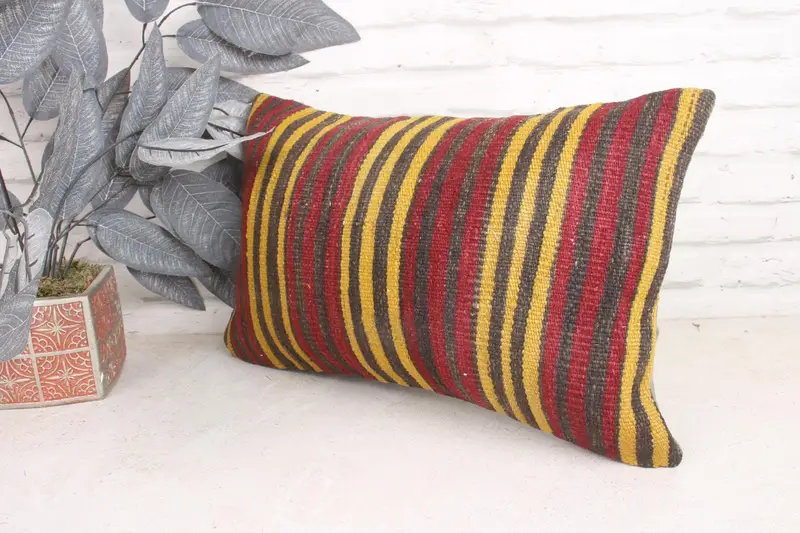 Vintage Kilim Pillow, Cushion Cover, Pillow for Couch, 12x20 Yellow Pillow, Bolster Pillow, Home Decor Pillow, Pattern Throw Cushion Case - 4