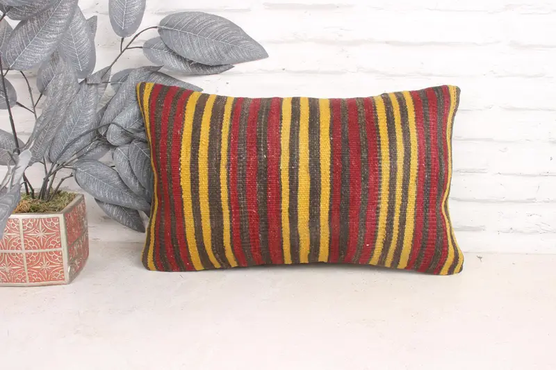 Vintage Kilim Pillow, Cushion Cover, Pillow for Couch, 12x20 Yellow Pillow, Bolster Pillow, Home Decor Pillow, Pattern Throw Cushion Case - 1
