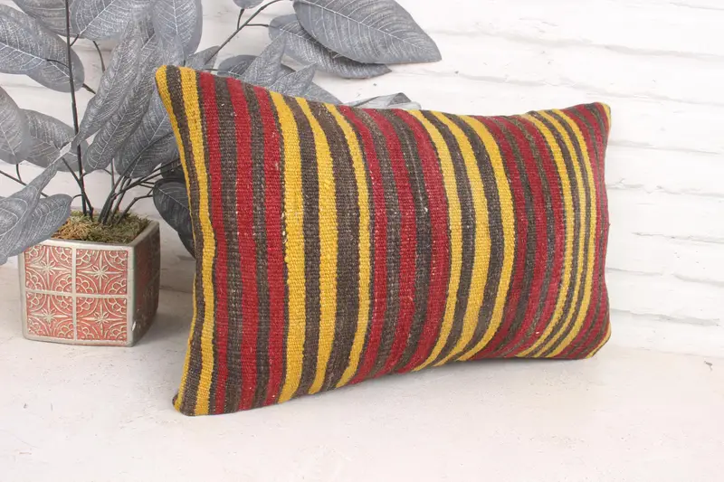 Vintage Kilim Pillow, Cushion Cover, Pillow for Couch, 12x20 Yellow Pillow, Bolster Pillow, Home Decor Pillow, Pattern Throw Cushion Case - 3