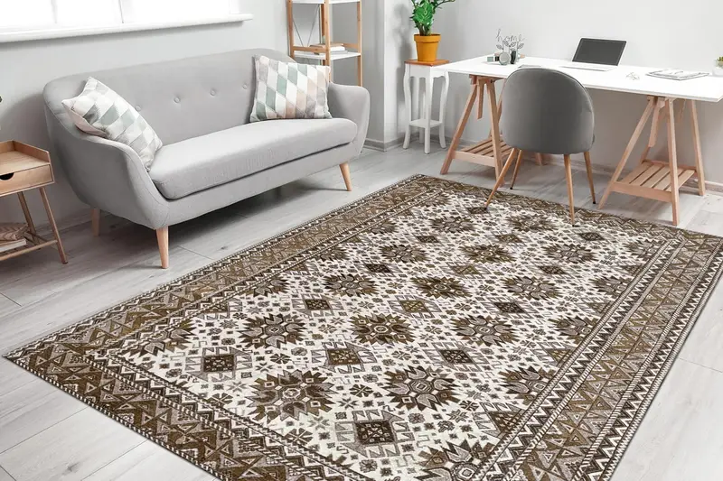 エレガントなブラウン & ベージュ プリント ラグ: トルコ ヴィンテージ デザイン