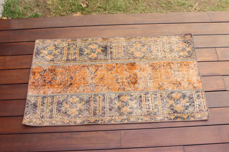 Turkish Vintage Rug, 1.7x3.1 ft Oushak Rug, Orange Blue Ikat Wool Rug - 1