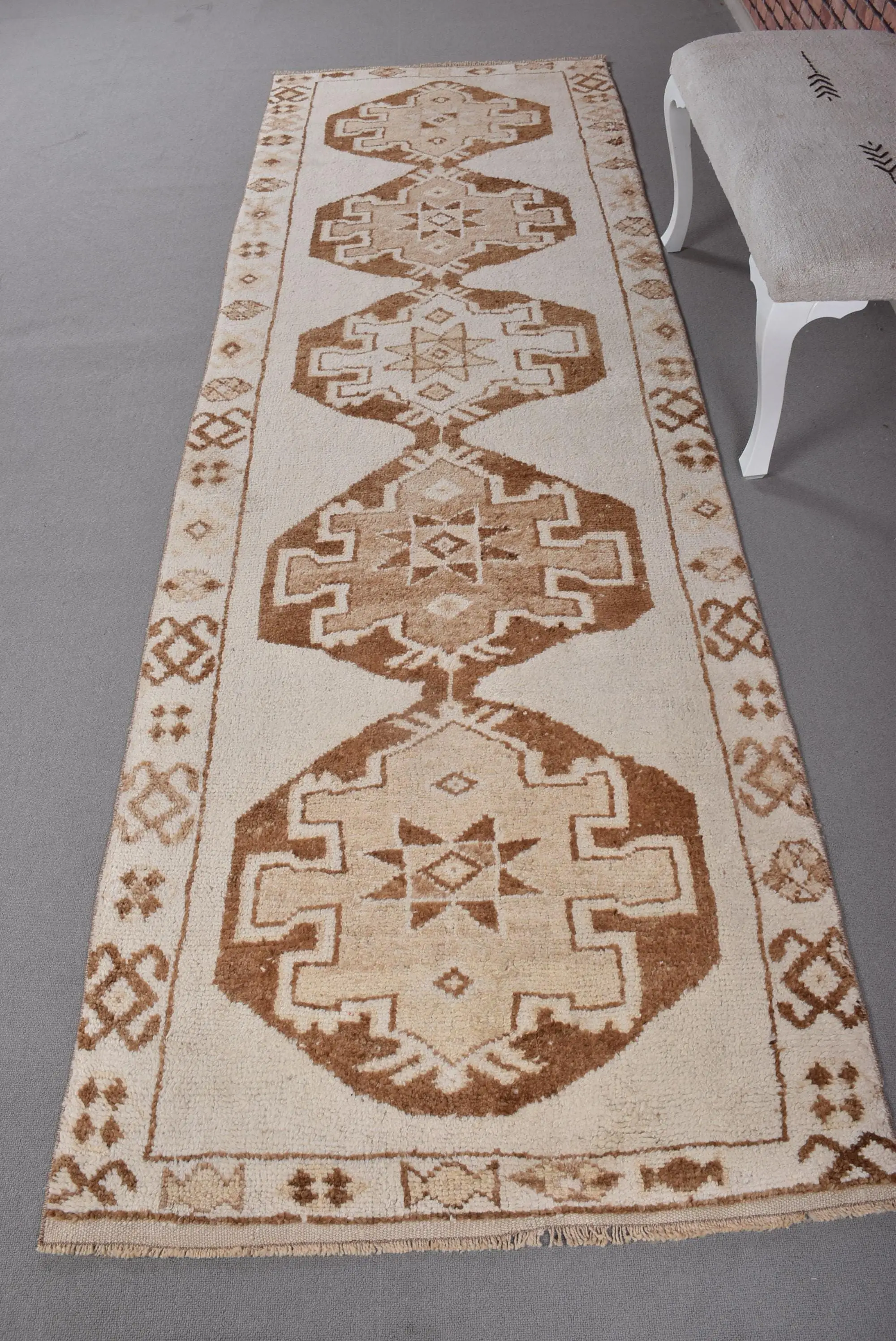 Turkish Runner Rug 3.3x10.6 ft (102x324 cm), Herki Brown Abstract Vintage Rug - 1