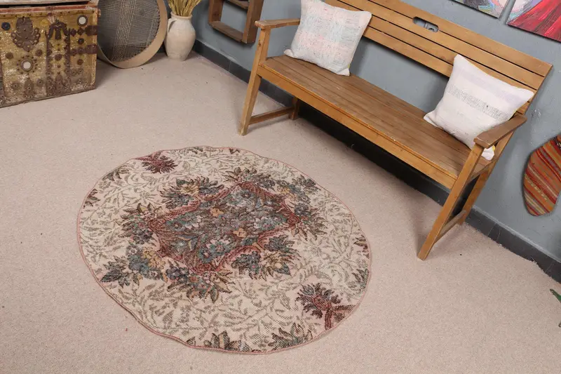 4x4 ft Halı, Kahverengi ve Mavi Çiçek Geometrik Tasarım