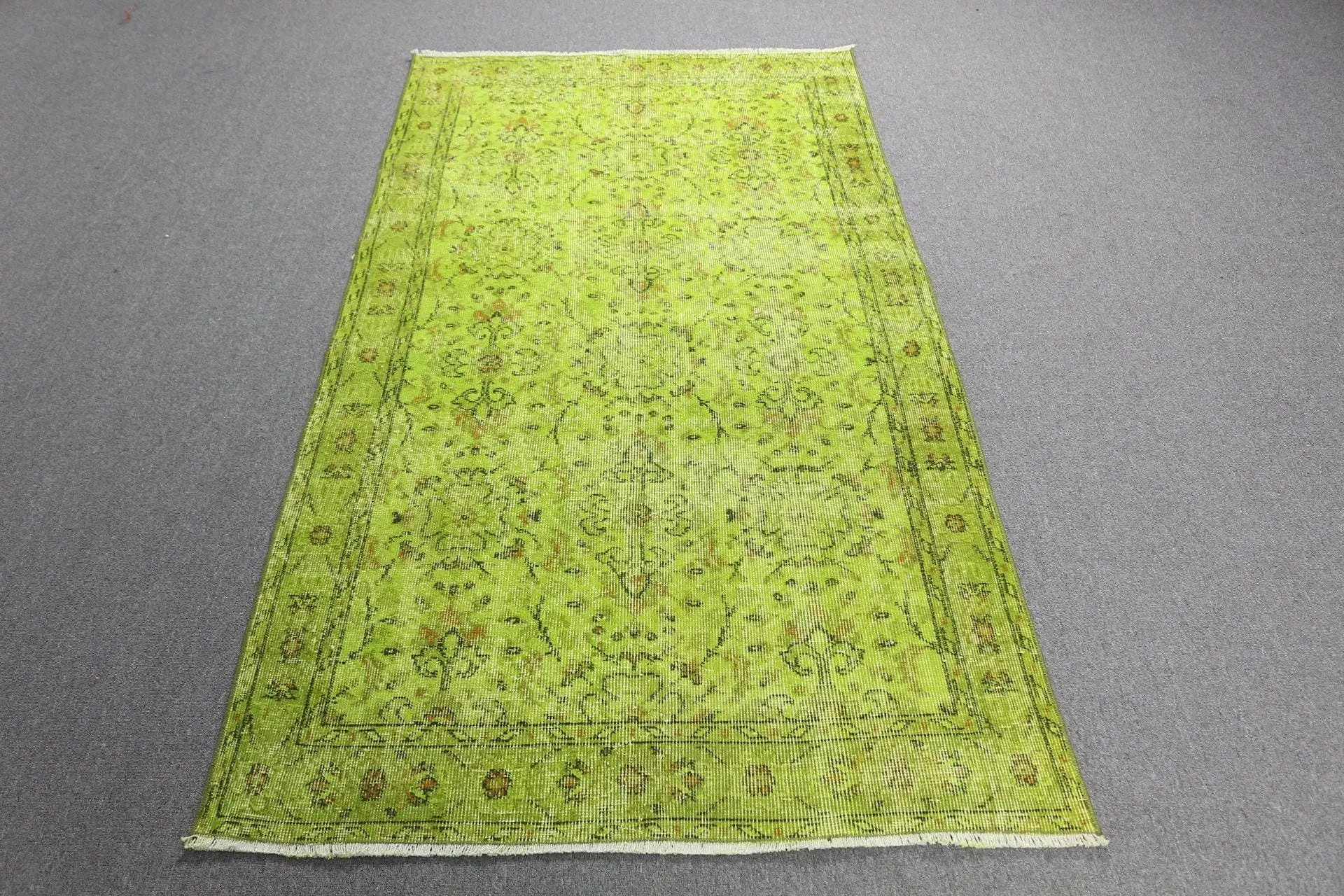 Vintage Rug 3.7x6.9 ft, Green Brown Solid Wool Turkish Rug - 1