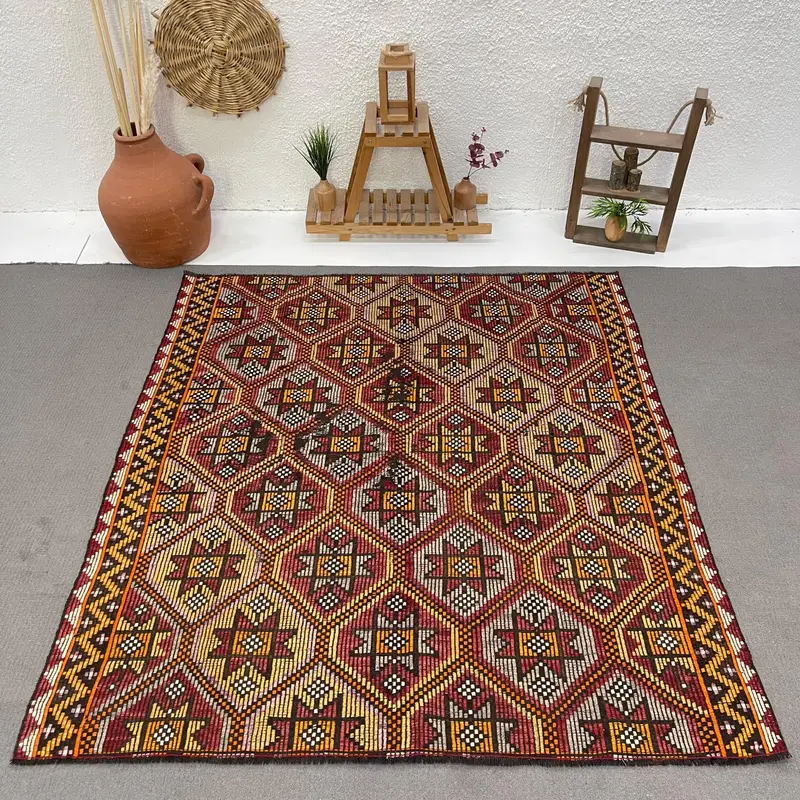 Vintage Turkish Rug 5.6x6.2 ft (172x190 cm), Kilim Red Striped Rug - 1