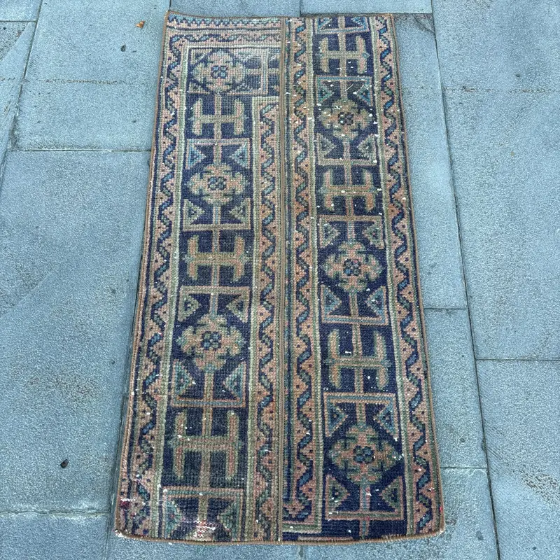 1.7x3.6 ft Rug, Turkish Vintage Rug, Oushak Blue Patchwork Rug - 1