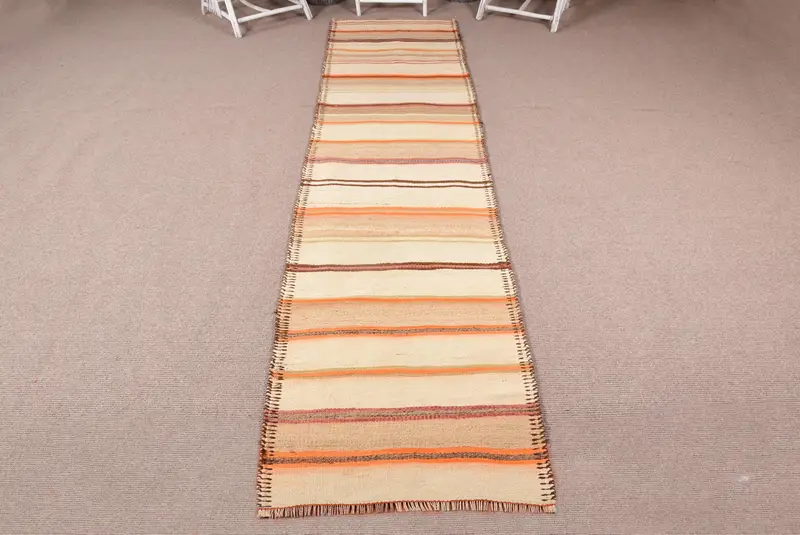 2.7x11.7 ft Turkish Kilim Rug, Vintage Rug, Brown Ikat Wool Rug - 1