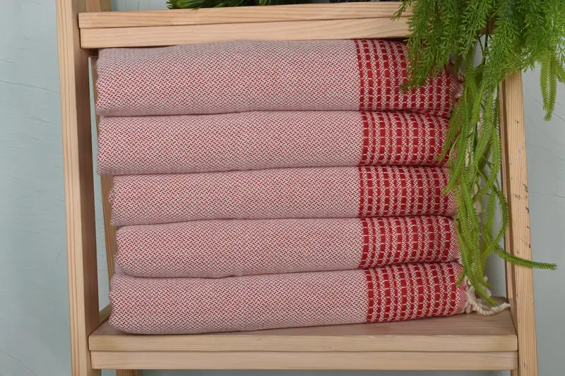 Striped Red Cotton Hand Towel, 20x40 Inches, Organic Cotton/Linen