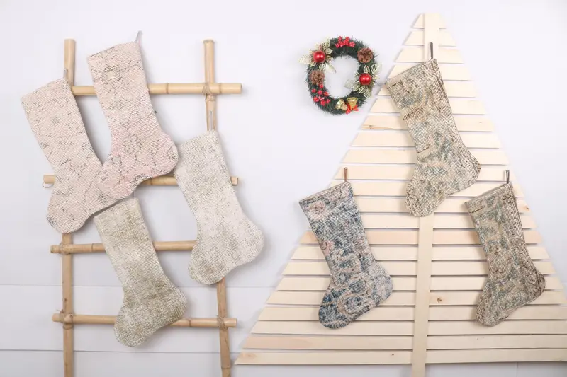 Festive Kilim Stocking with Christmas Ornaments Pattern, Holiday Stocking