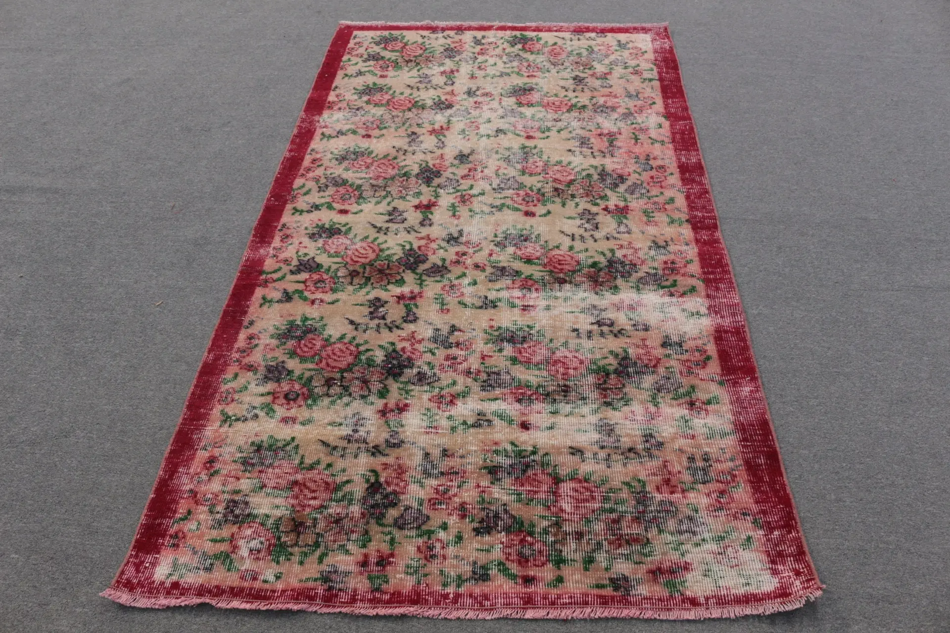 Vintage Türk Alan Halısı 4.1x7.3 ft, Kırmızı Oryantal Halı Yün - 1