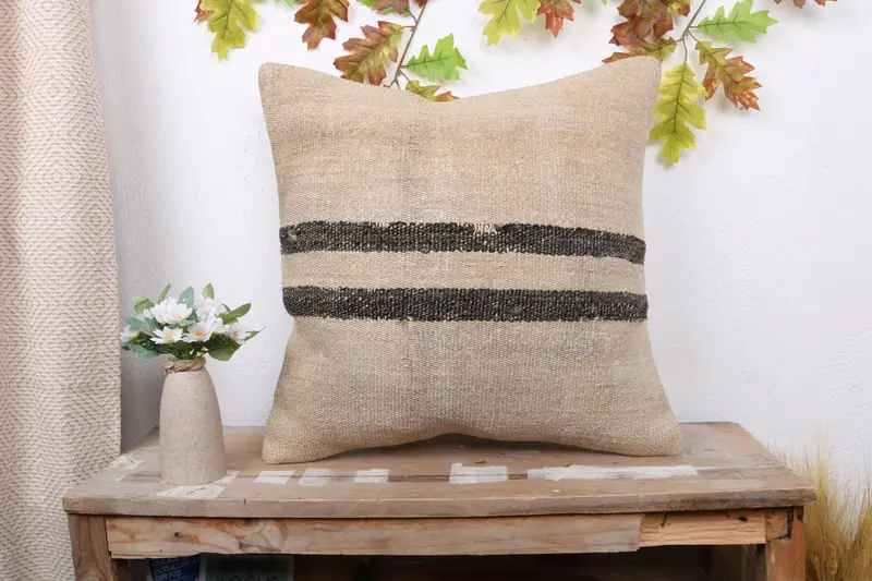 Beige & Brown Striped Throw Pillow, Embroidered Vintage Cushion
