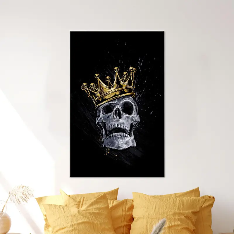 Trendy Siyah Kafatası Kanvas: Altın Vurgular, İskelet Teması