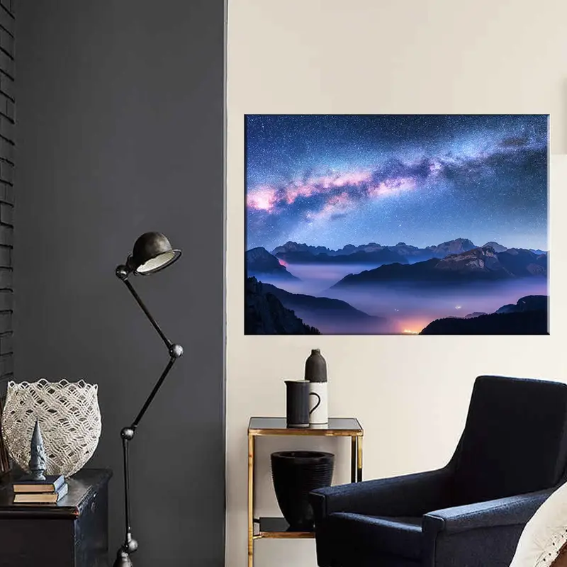 Galaxy Starry Gece Foggy Dağları, Doğa Peyzaj Baskı Posteri, Tuval Duvar Sanatı, Ofis Duvar Dekoru, İtalya Mavi Peyzaj, Dolomit - 1