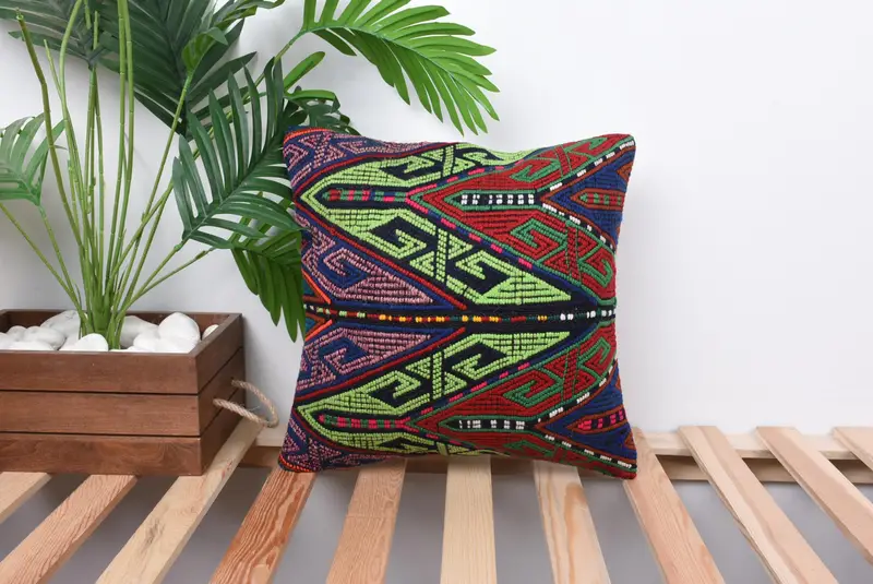 Pillow Cover, Art Deco Cushion, Decorative Throw Pillow Sham, Turkish Pillow, Boho Pillow Sham Cover, Vintage Pillow, 14x14 Green Cushion Case - 1