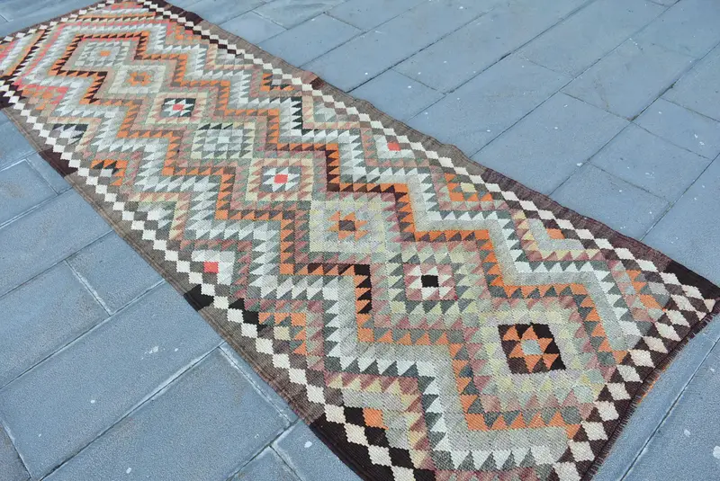 3.2x10.1 ft Turkish Kilim Rug, Brown Striped Vintage Wool Rug - 1