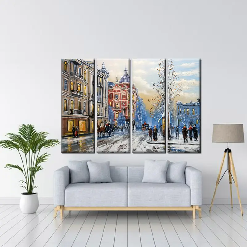 Oil Painting Canvas, Old City Street Canvas Art, Phaeton Canvas Art, Abstract Wall Art, Winter Table, Snowfall Wall Art, Building Decor Art - 3