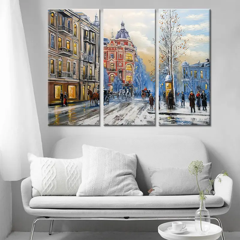 Oil Painting Canvas, Old City Street Canvas Art, Phaeton Canvas Art, Abstract Wall Art, Winter Table, Snowfall Wall Art, Building Decor Art - 2