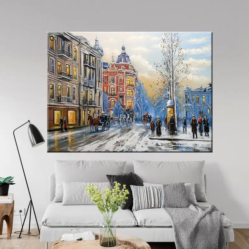 Oil Painting Canvas, Old City Street Canvas Art, Phaeton Canvas Art, Abstract Wall Art, Winter Table, Snowfall Wall Art, Building Decor Art - 1